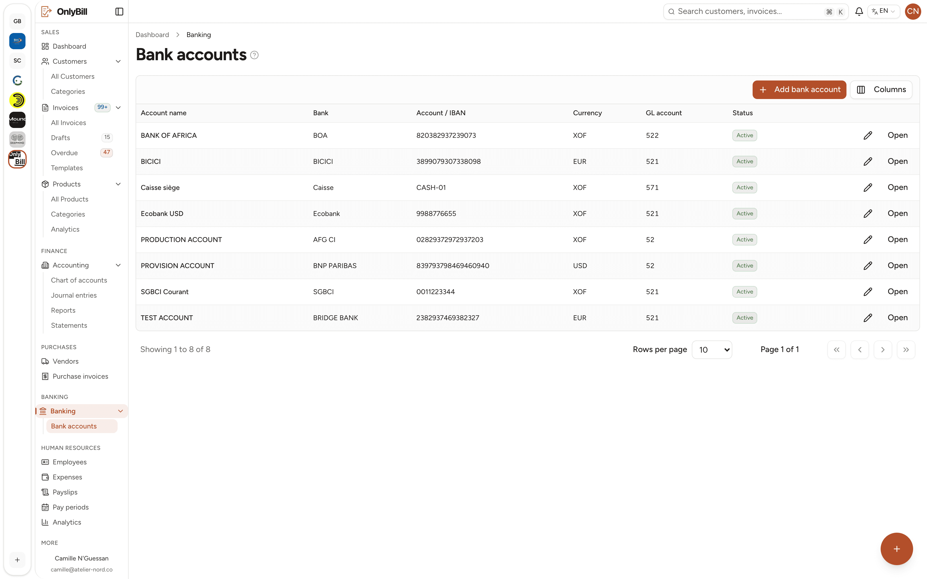 OnlyBill banking view with accounts, balances and movements