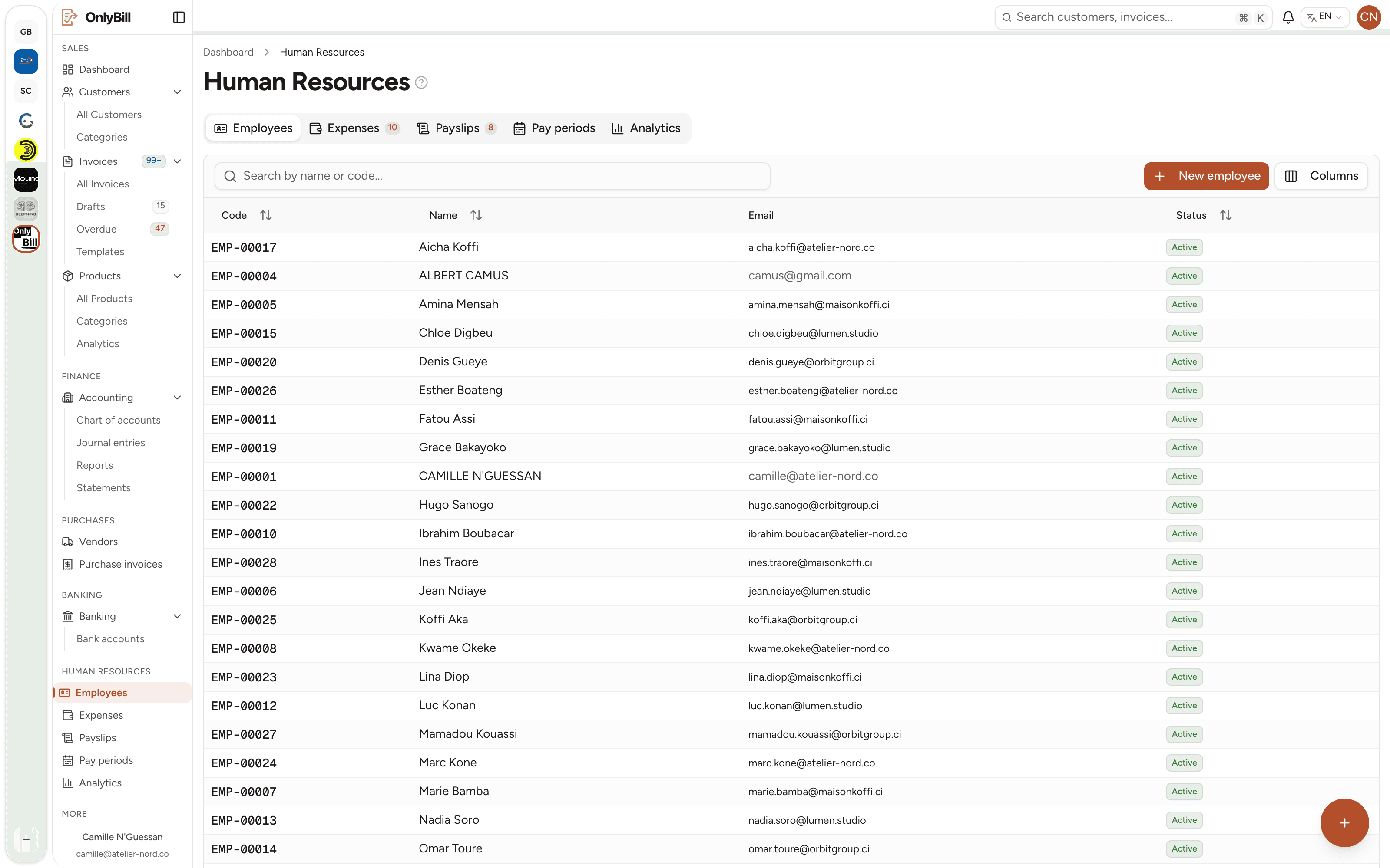 OnlyBill human resources view with employees, expenses and payslips