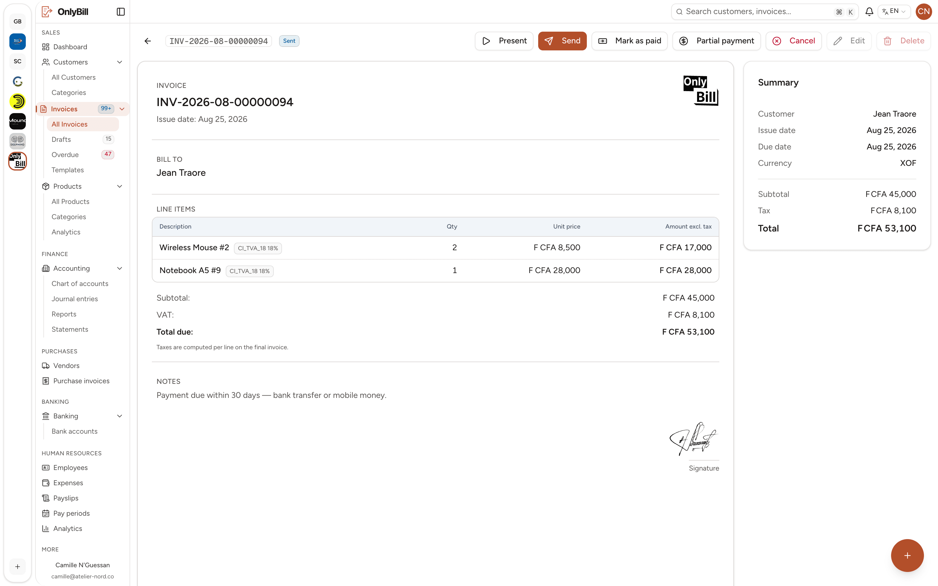 An OnlyBill invoice with its lines, taxes, totals and summary panel