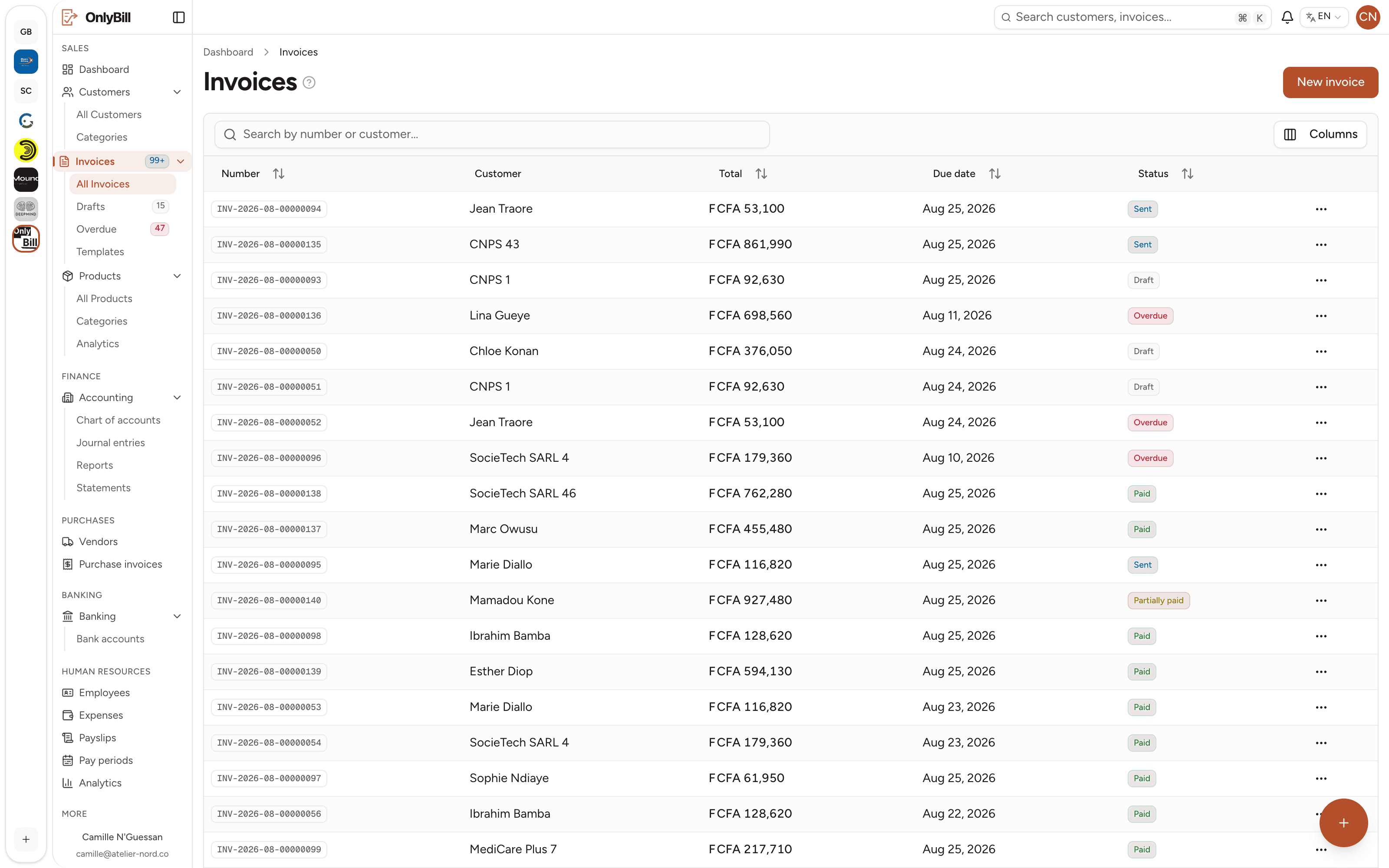 OnlyBill invoice list showing sent, overdue, partially paid and paid invoices
